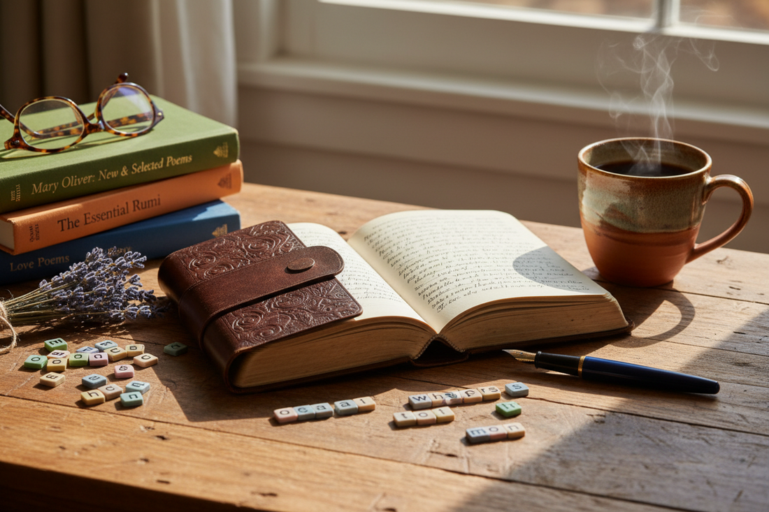 Cozy scene with open leather journal, fountain pen, poetry books, and magnetic poetry tiles for World Poetry Day