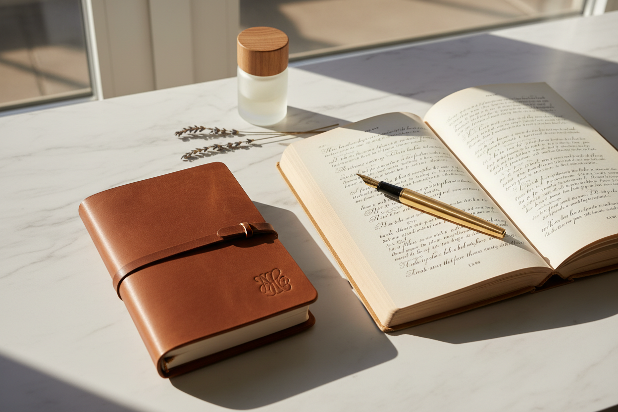 A leather journal, open book, and gold fountain pen arranged on a sunlit marble desk, representing the art of storytelling and press freedom.