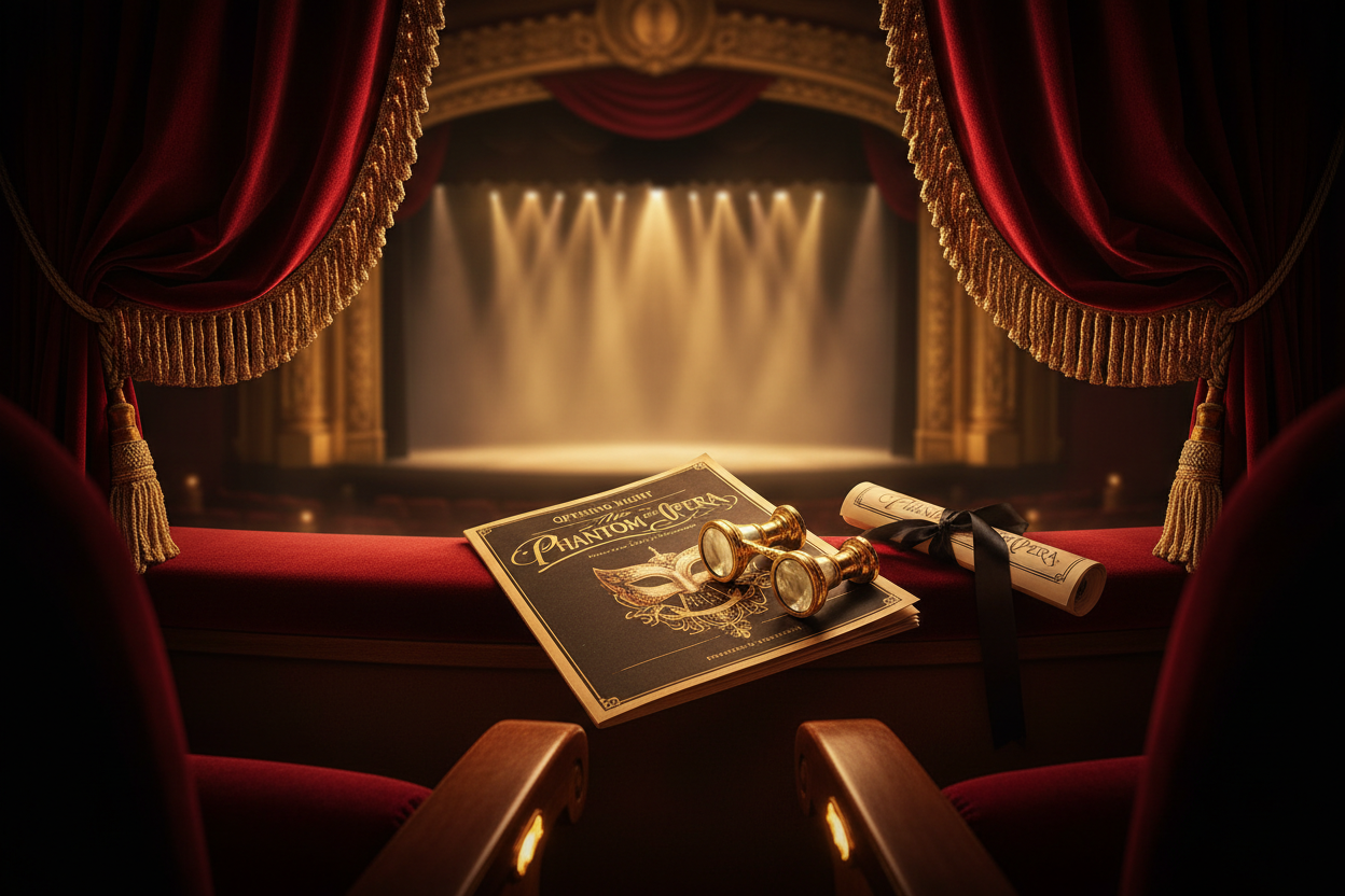 Elegant theatre scene with red velvet curtains, golden stage lighting, and opera glasses for World Theatre Day celebration