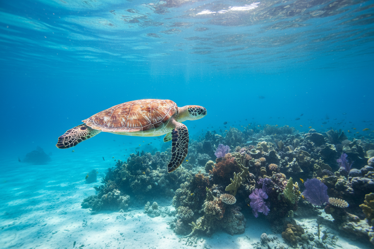 A sea turtle swimming through clear turquoise ocean water with sunlight filtering through the surface and coral reef below, celebrating World Turtle Day.