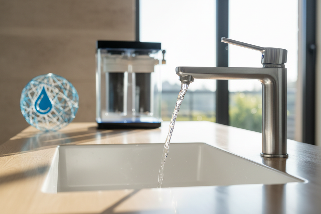Crystal-clear water flowing from faucet with conservation elements for World Water Day celebration