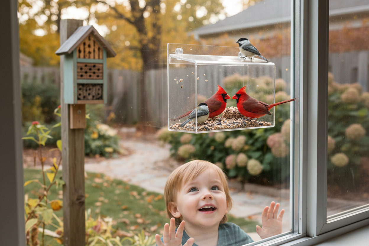Child watching colorful birds at a window bird feeder on World Wildlife Day, with backyard wildlife habitat visible in background