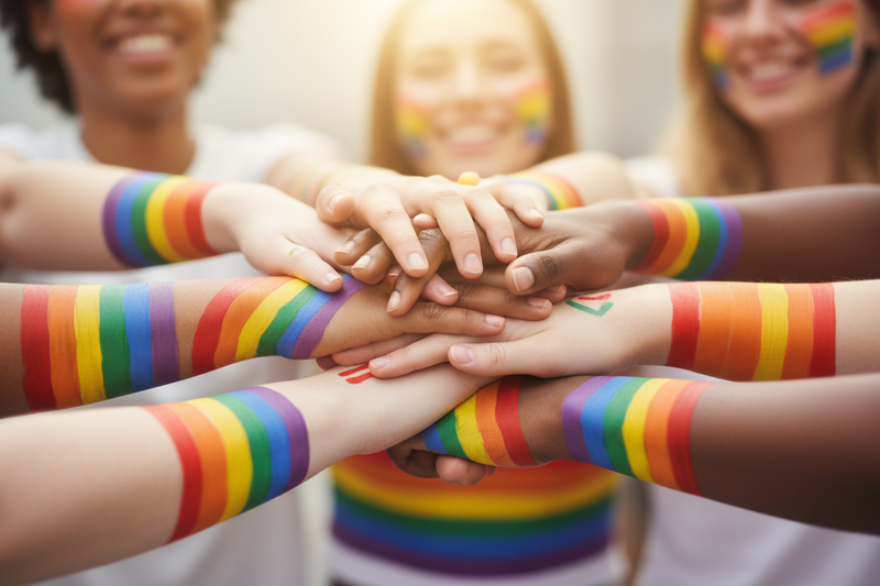 Diverse hands joined together in unity with rainbow colors symbolizing inclusion and equality
