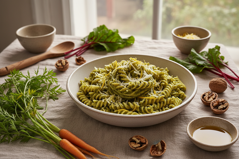 A bowl of zero-waste pesto pasta made with carrot tops and beet greens, garnished with lemon zest and Parmesan, styled on a warm linen surface for Earth Day.